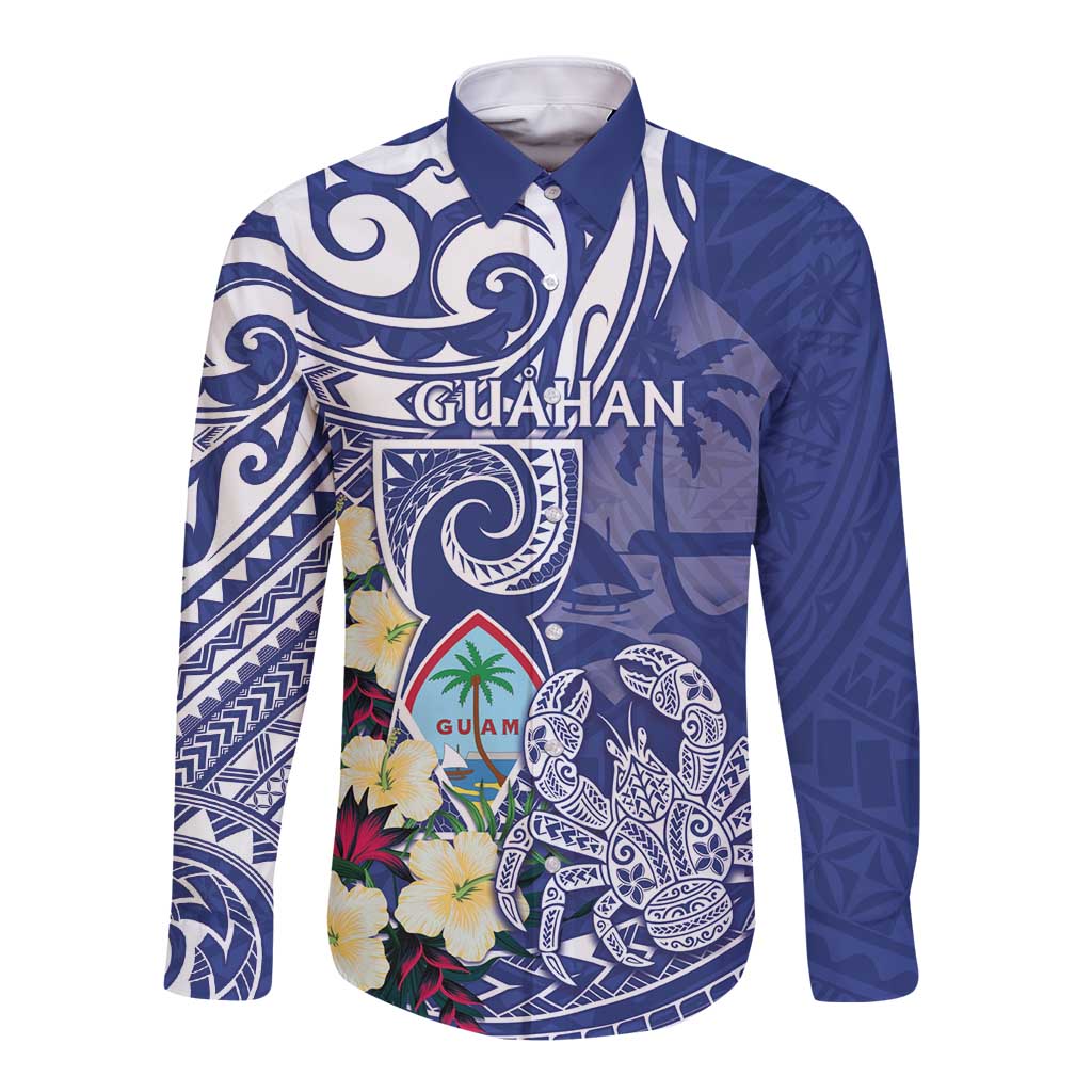 Personalised Hafa Adai Guam Long Sleeve Button Shirt Latte Stone With Coconut Crab LT05 Unisex Blue - Polynesian Pride