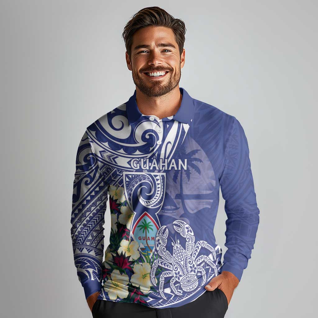 Personalised Hafa Adai Guam Long Sleeve Polo Shirt Latte Stone With Coconut Crab