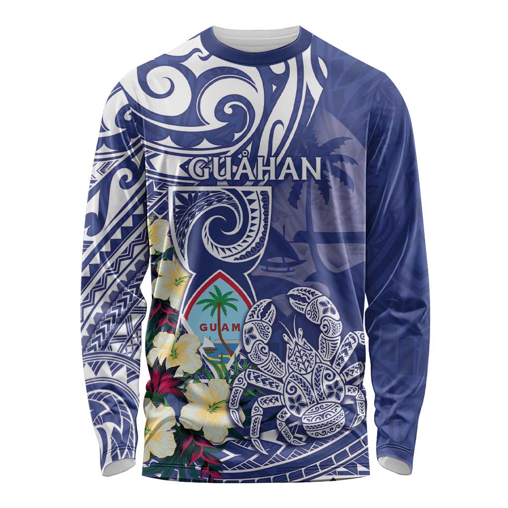 Personalised Hafa Adai Guam Long Sleeve Shirt Latte Stone With Coconut Crab LT05 Unisex Blue - Polynesian Pride