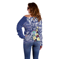Personalised Hafa Adai Guam Off Shoulder Sweater Latte Stone With Coconut Crab LT05 - Polynesian Pride