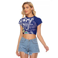 Personalised Hafa Adai Guam Raglan Cropped T Shirt Latte Stone With Coconut Crab LT05 Female Blue - Polynesian Pride