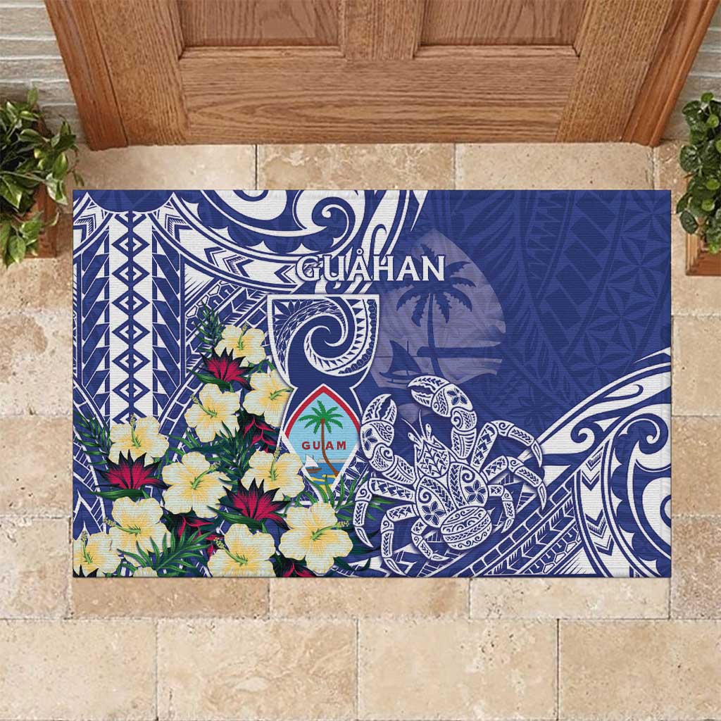 Hafa Adai Guam Rubber Doormat Latte Stone With Coconut Crab LT05 Blue - Polynesian Pride