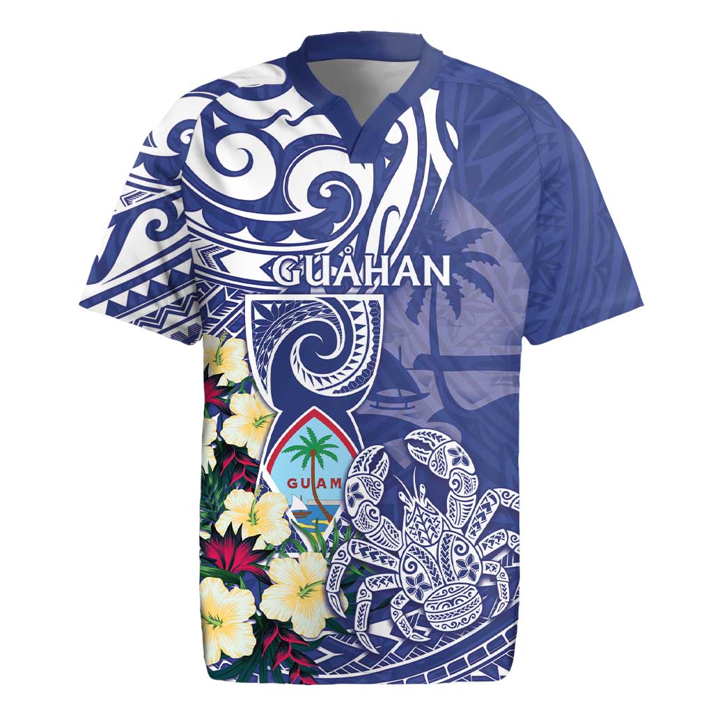 Personalised Hafa Adai Guam Rugby Jersey Latte Stone With Coconut Crab LT05 Blue - Polynesian Pride