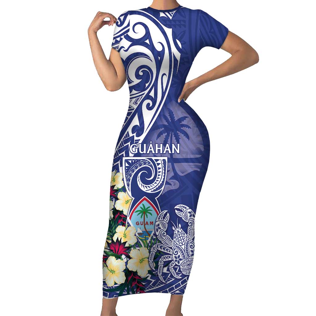 Personalised Hafa Adai Guam Short Sleeve Bodycon Dress Latte Stone With Coconut Crab LT05 Long Dress Blue - Polynesian Pride