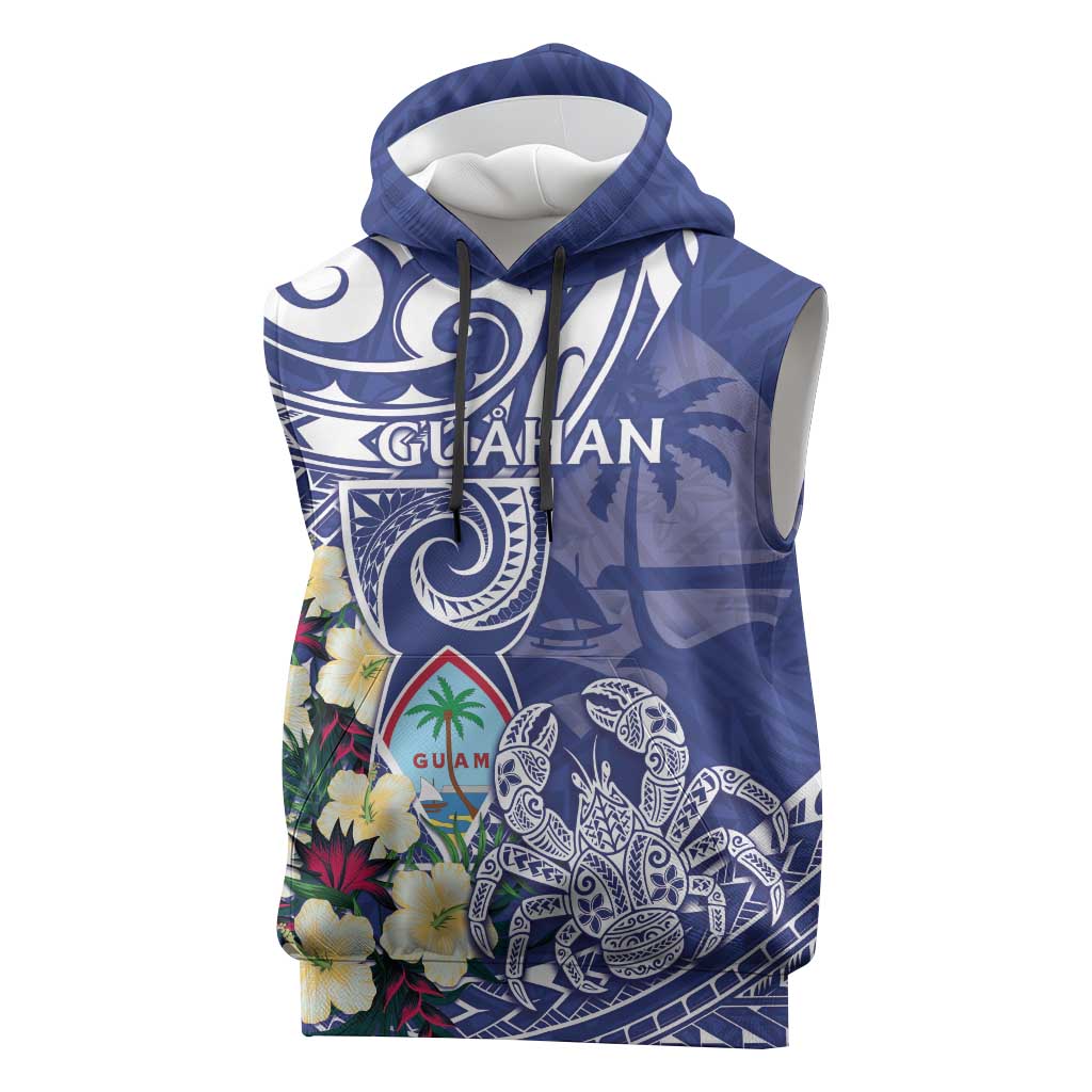 Personalised Hafa Adai Guam Sleeveless Hoodie Latte Stone With Coconut Crab LT05 Blue - Polynesian Pride