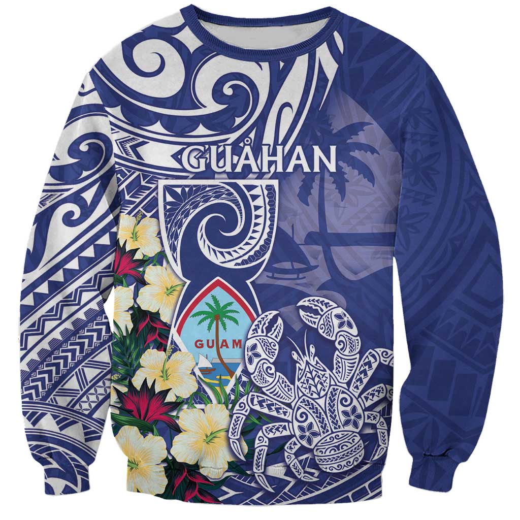 Personalised Hafa Adai Guam Sweatshirt Latte Stone With Coconut Crab LT05 Unisex Blue - Polynesian Pride