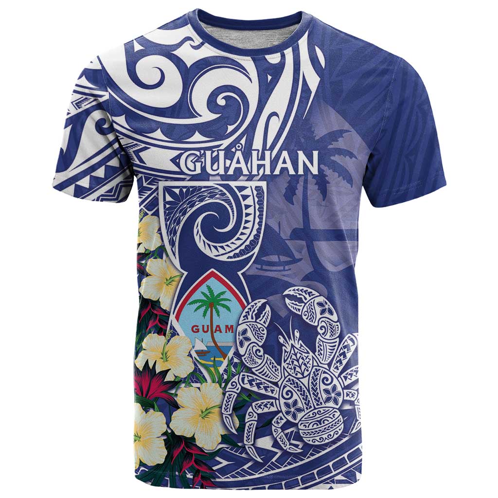 Personalised Hafa Adai Guam T Shirt Latte Stone With Coconut Crab LT05 Blue - Polynesian Pride