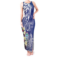 Personalised Hafa Adai Guam Tank Maxi Dress Latte Stone With Coconut Crab LT05 Women Blue - Polynesian Pride