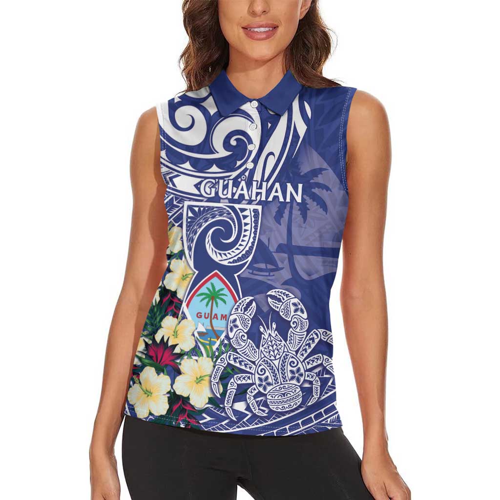 Personalised Hafa Adai Guam Women Sleeveless Polo Shirt Latte Stone With Coconut Crab LT05 - Polynesian Pride