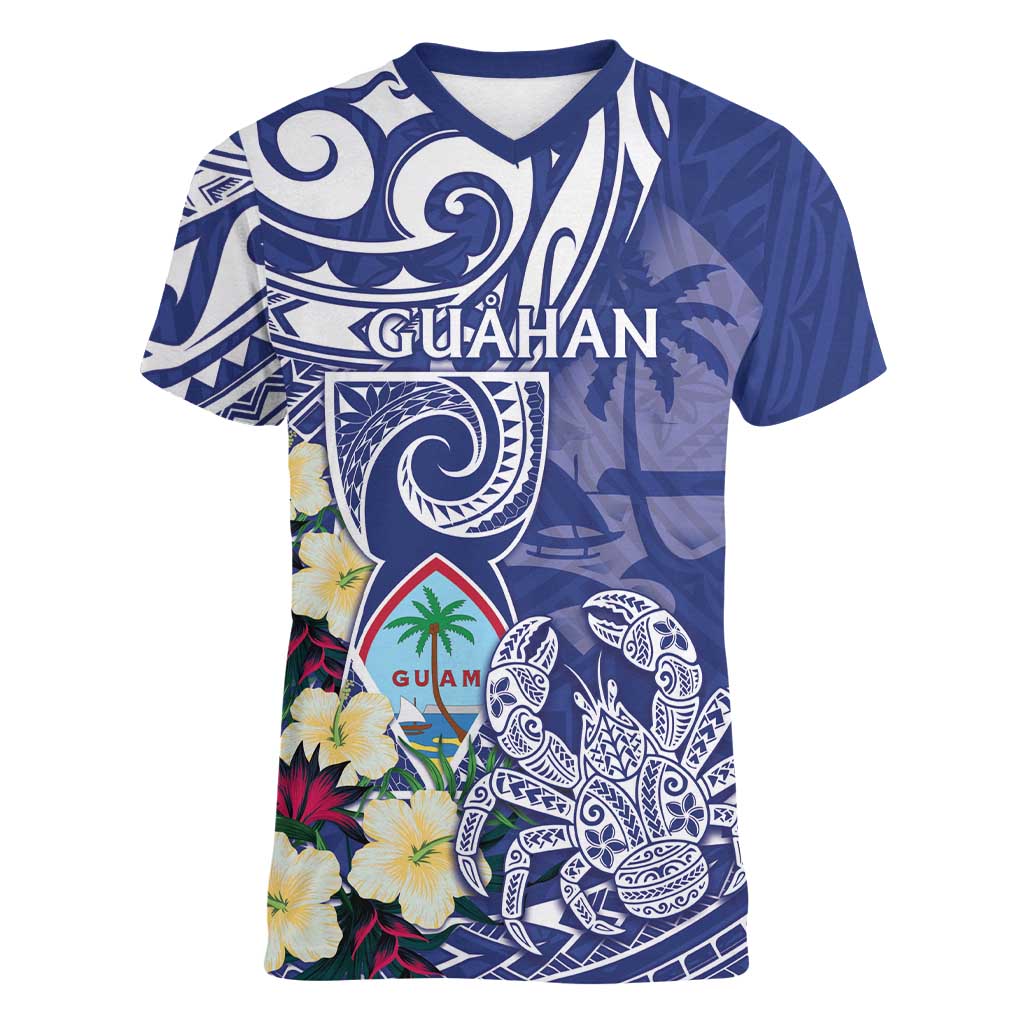 Personalised Hafa Adai Guam Women V-Neck T-Shirt Latte Stone With Coconut Crab LT05 Female Blue - Polynesian Pride