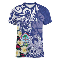 Personalised Hafa Adai Guam Women V-Neck T-Shirt Latte Stone With Coconut Crab LT05 Female Blue - Polynesian Pride
