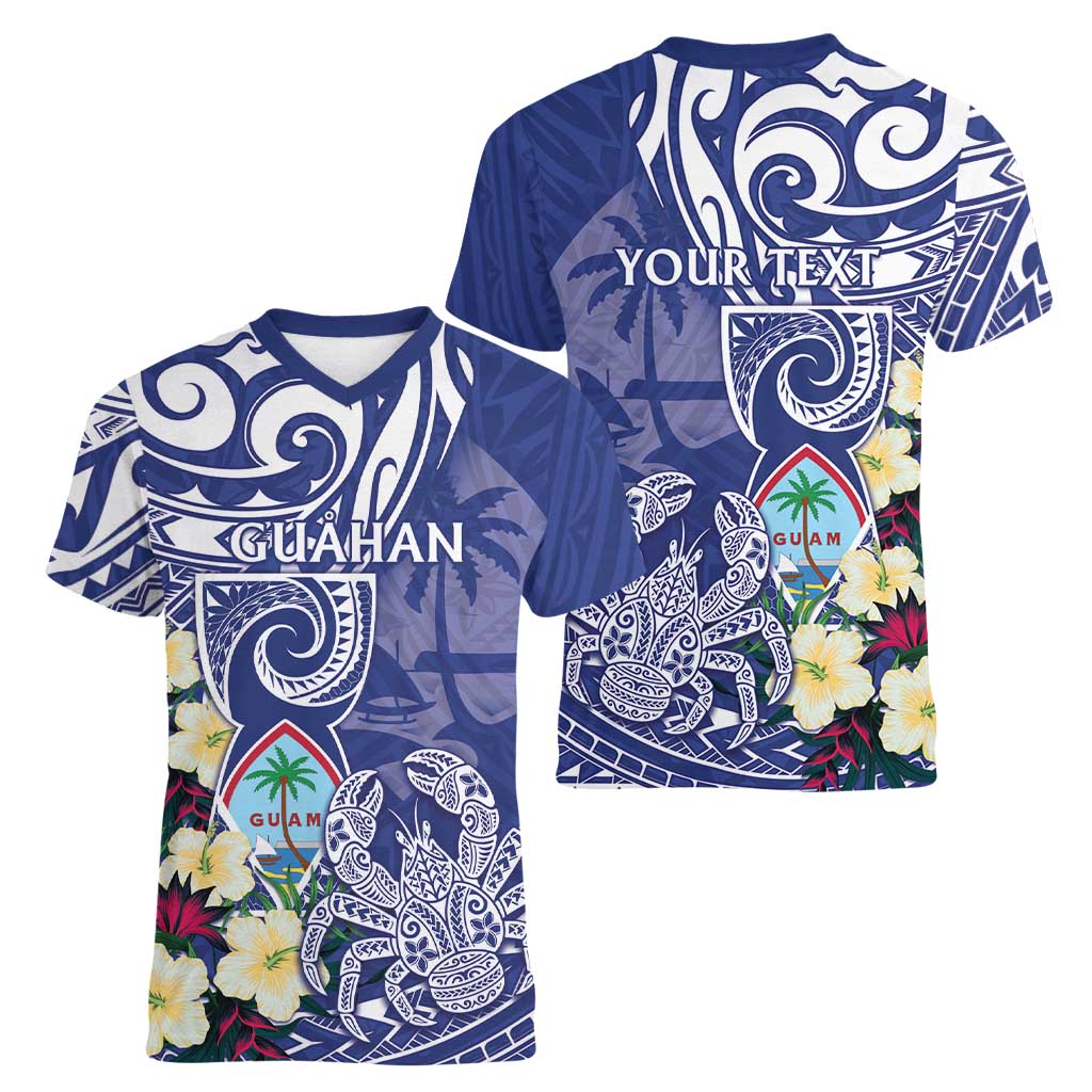 Personalised Hafa Adai Guam Women V-Neck T-Shirt Latte Stone With Coconut Crab LT05 - Polynesian Pride