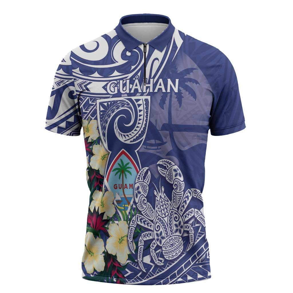 Personalised Hafa Adai Guam Zipper Polo Shirt Latte Stone With Coconut Crab LT05 Blue - Polynesian Pride