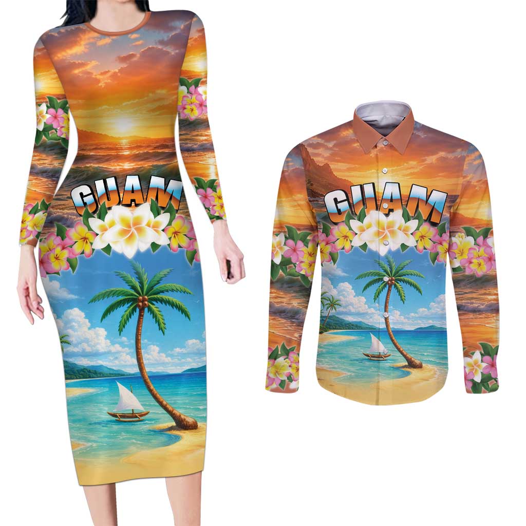 Guam Couples Matching Long Sleeve Bodycon Dress and Long Sleeve Button Shirt Eternal Summer Sunset Beach LT05 Colorful - Polynesian Pride