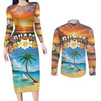 Guam Couples Matching Long Sleeve Bodycon Dress and Long Sleeve Button Shirt Eternal Summer Sunset Beach LT05 Colorful - Polynesian Pride