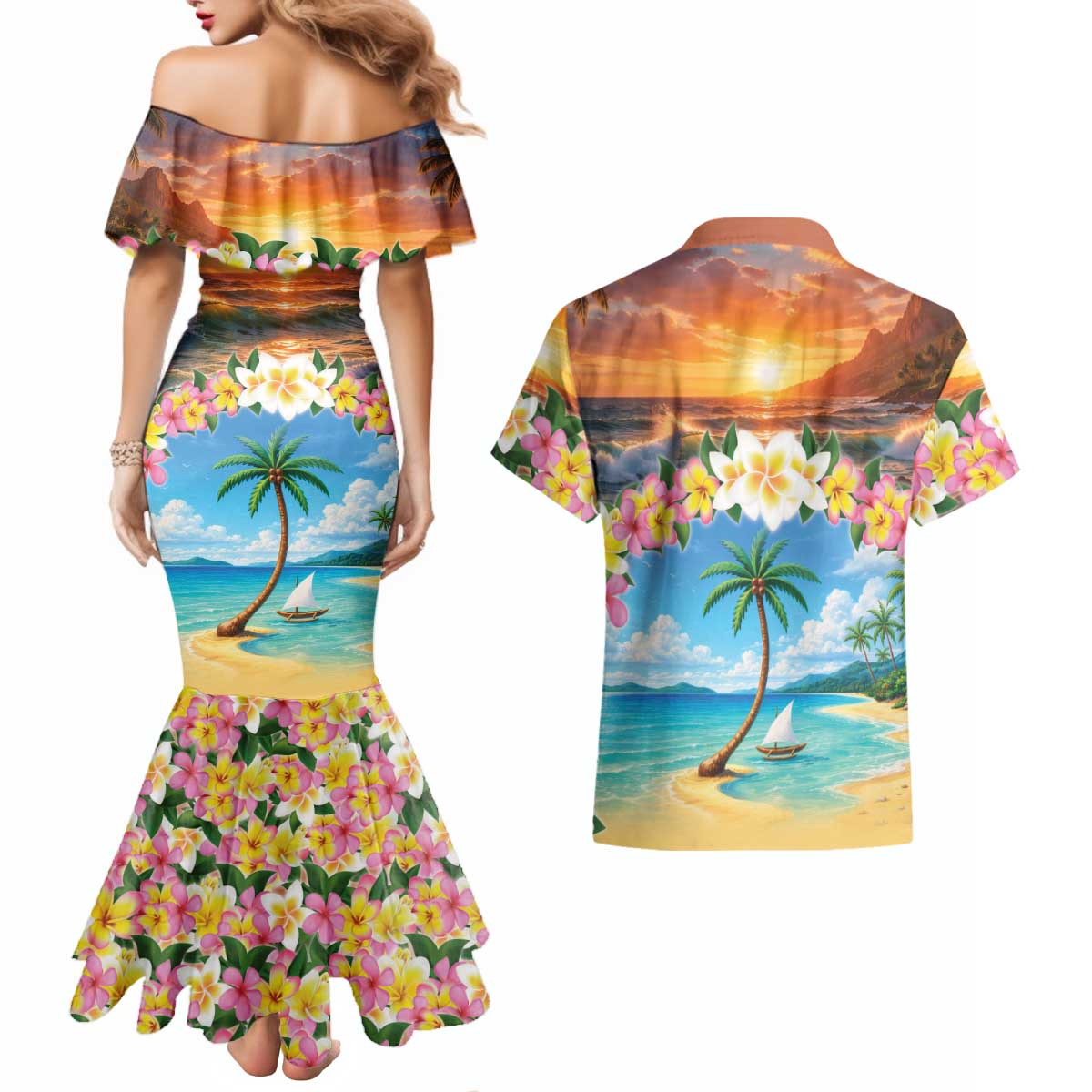 Guam Couples Matching Mermaid Dress and Hawaiian Shirt Eternal Summer Sunset Beach LT05 - Polynesian Pride