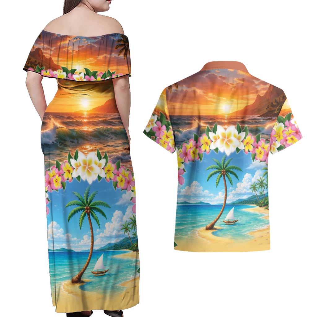 Guam Couples Matching Off Shoulder Maxi Dress and Hawaiian Shirt Eternal Summer Sunset Beach LT05 - Polynesian Pride