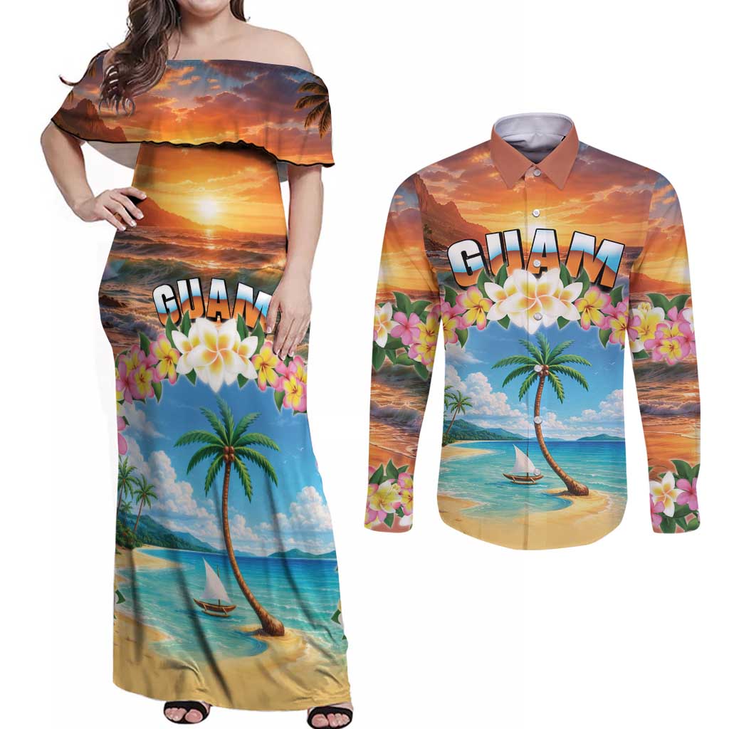 Guam Couples Matching Off Shoulder Maxi Dress and Long Sleeve Button Shirt Eternal Summer Sunset Beach LT05 Colorful - Polynesian Pride