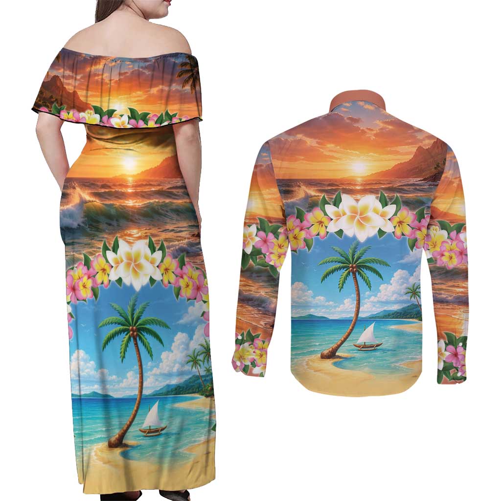 Guam Couples Matching Off Shoulder Maxi Dress and Long Sleeve Button Shirt Eternal Summer Sunset Beach LT05 - Polynesian Pride