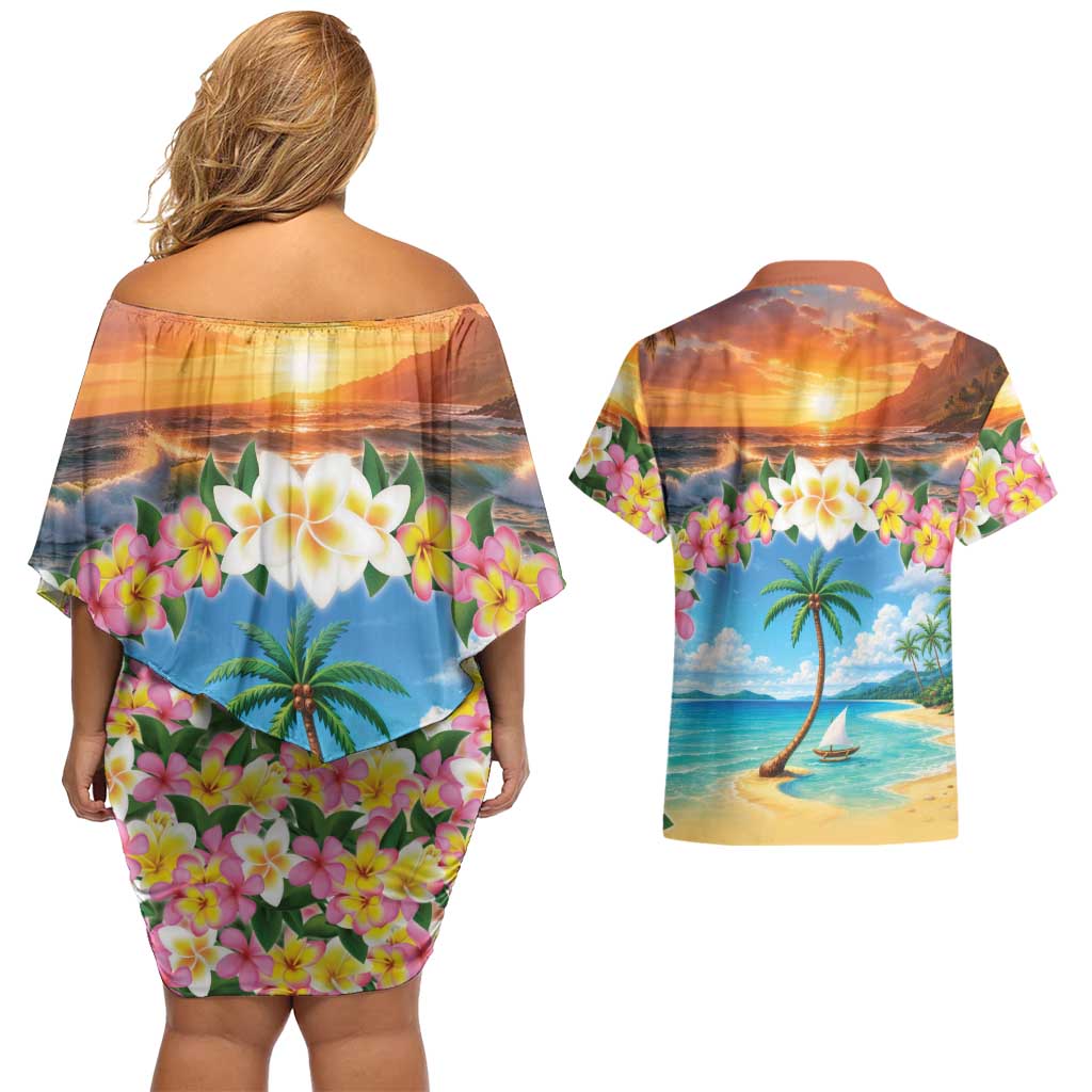 Guam Couples Matching Off Shoulder Short Dress and Hawaiian Shirt Eternal Summer Sunset Beach LT05 - Polynesian Pride