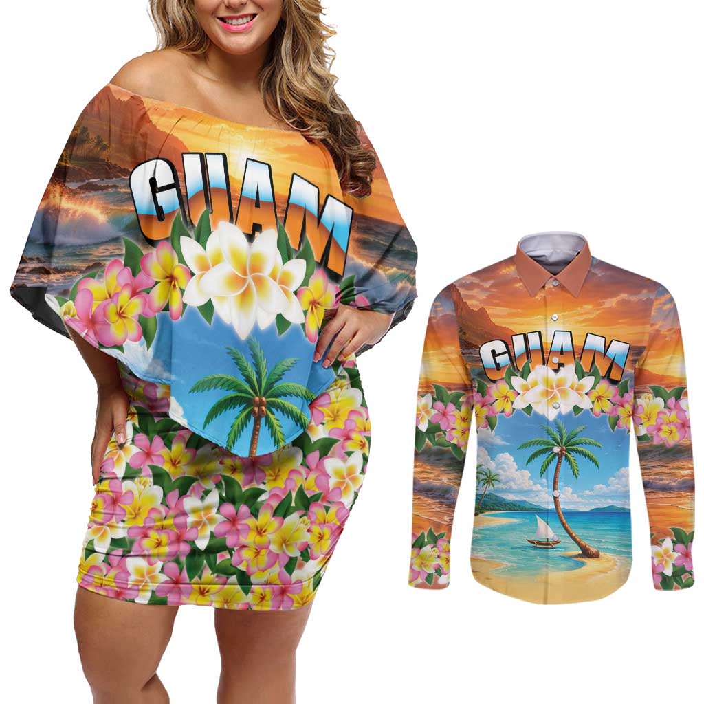 Guam Couples Matching Off Shoulder Short Dress and Long Sleeve Button Shirt Eternal Summer Sunset Beach LT05 Colorful - Polynesian Pride