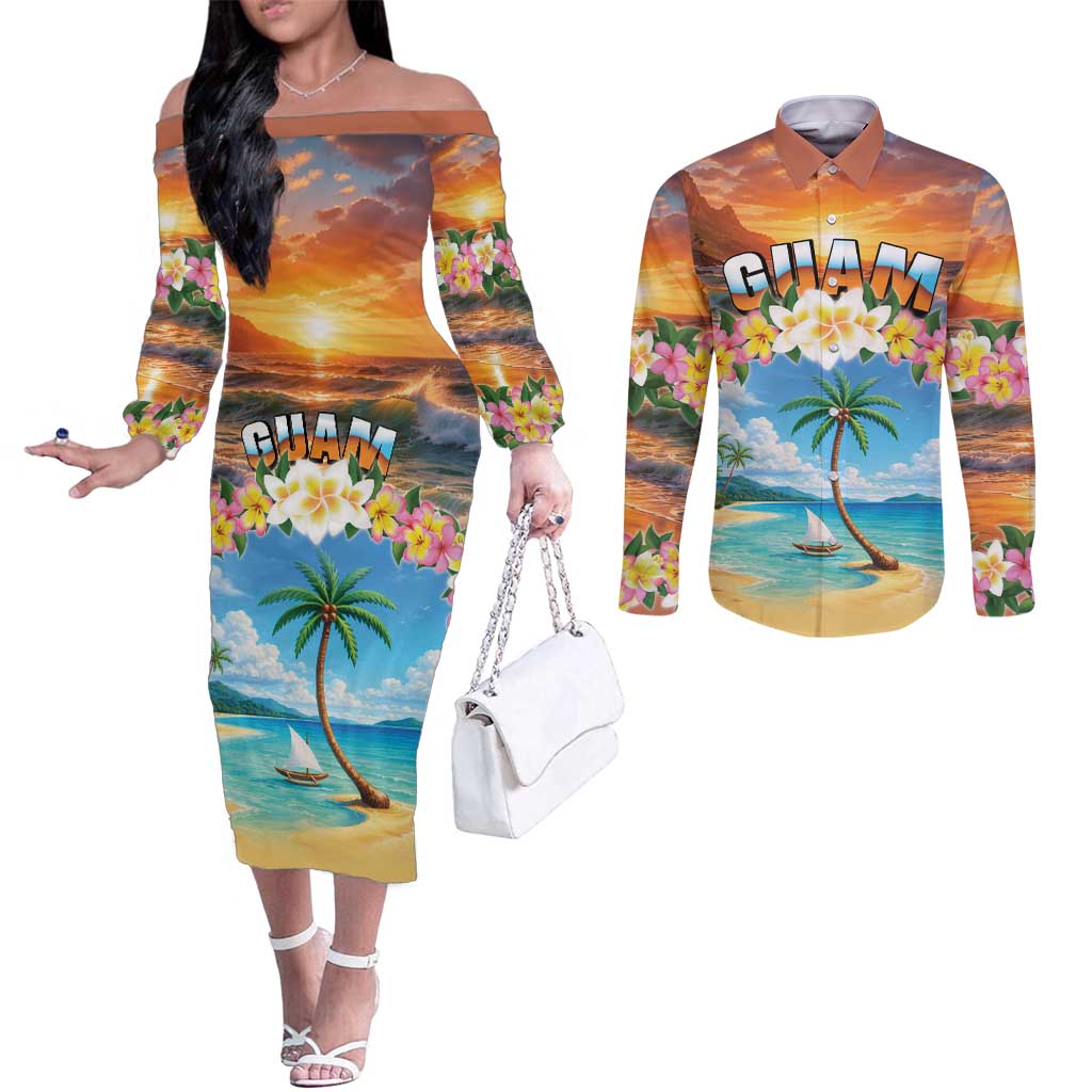 Guam Couples Matching Off The Shoulder Long Sleeve Dress and Long Sleeve Button Shirt Eternal Summer Sunset Beach LT05 Colorful - Polynesian Pride