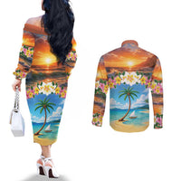 Guam Couples Matching Off The Shoulder Long Sleeve Dress and Long Sleeve Button Shirt Eternal Summer Sunset Beach LT05 - Polynesian Pride