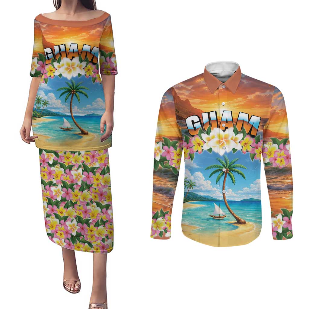 Guam Couples Matching Puletasi and Long Sleeve Button Shirt Eternal Summer Sunset Beach LT05 Colorful - Polynesian Pride