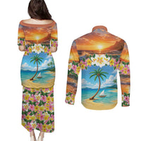 Guam Couples Matching Puletasi and Long Sleeve Button Shirt Eternal Summer Sunset Beach LT05 - Polynesian Pride