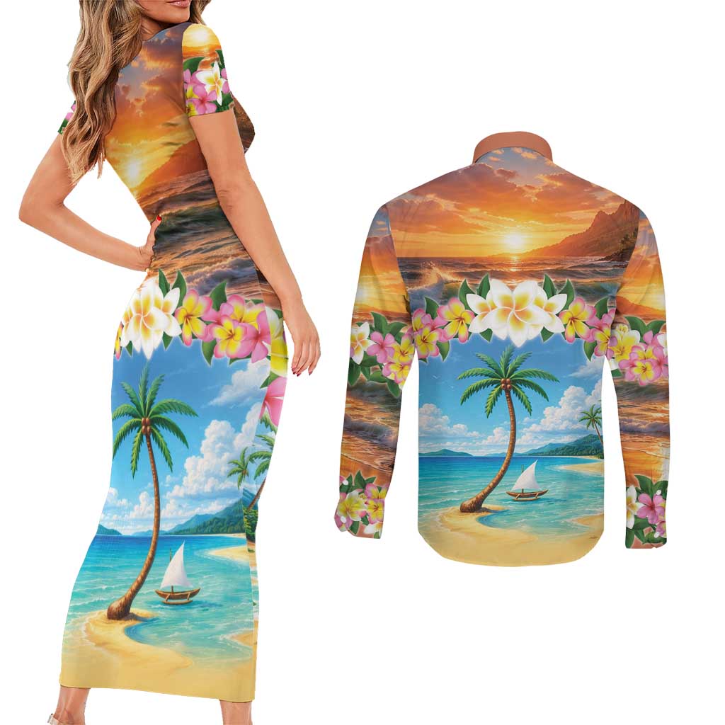 Guam Couples Matching Short Sleeve Bodycon Dress and Long Sleeve Button Shirt Eternal Summer Sunset Beach LT05 - Polynesian Pride