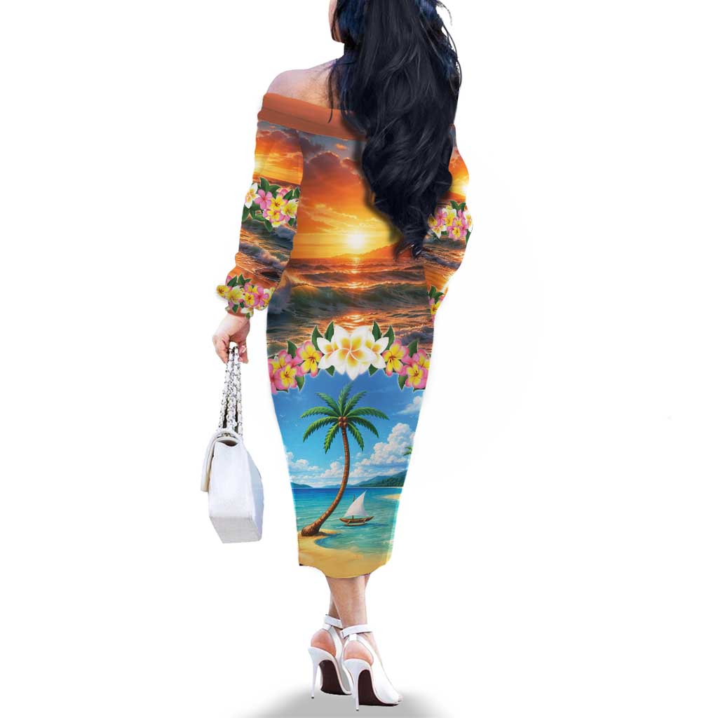 Guam Family Matching Off The Shoulder Long Sleeve Dress and Hawaiian Shirt Eternal Summer Sunset Beach