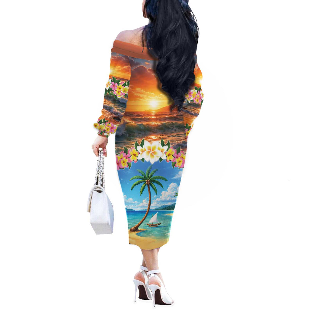 Guam Off The Shoulder Long Sleeve Dress Eternal Summer Sunset Beach LT05 - Polynesian Pride