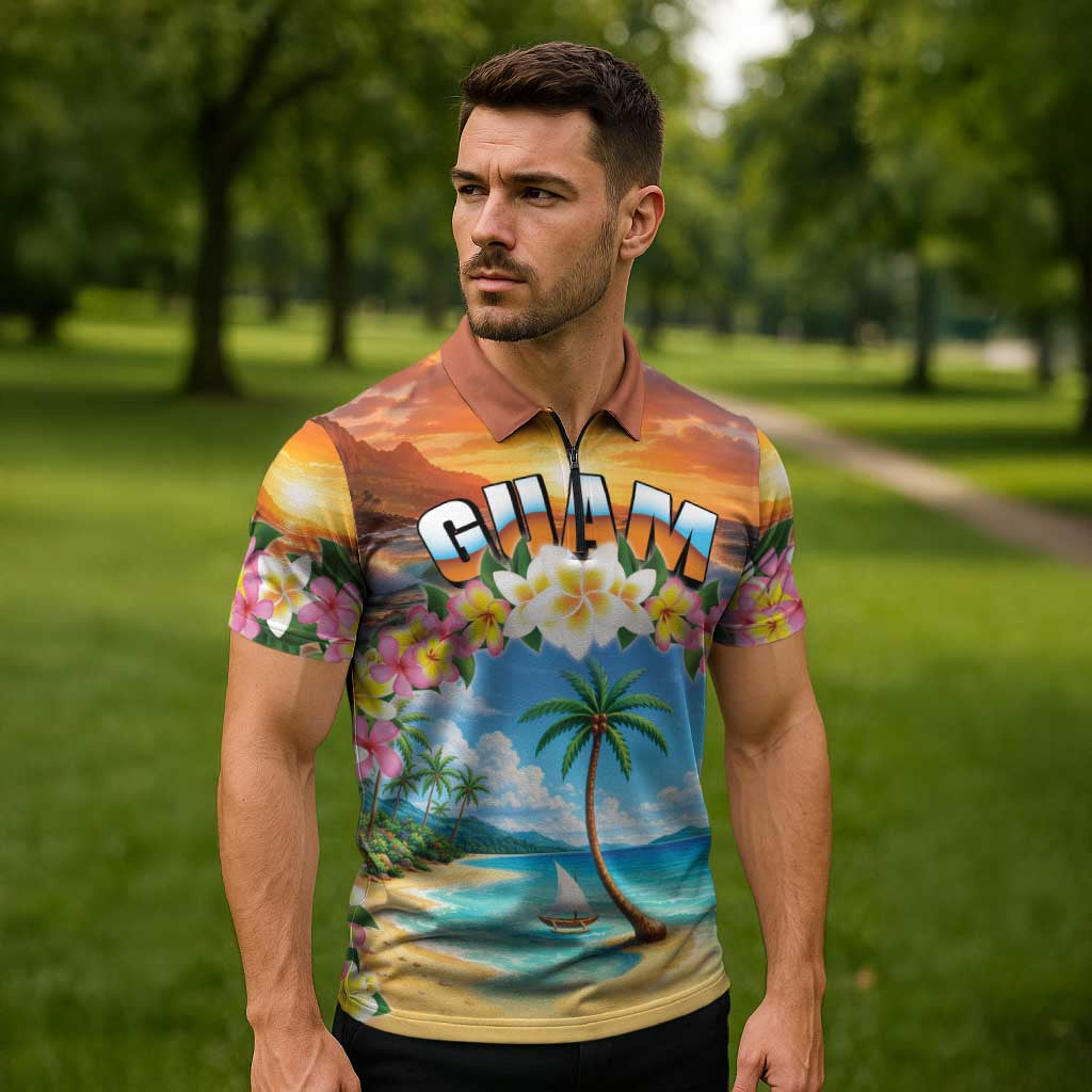 Guam Zipper Polo Shirt Eternal Summer Sunset Beach LT05 - Polynesian Pride