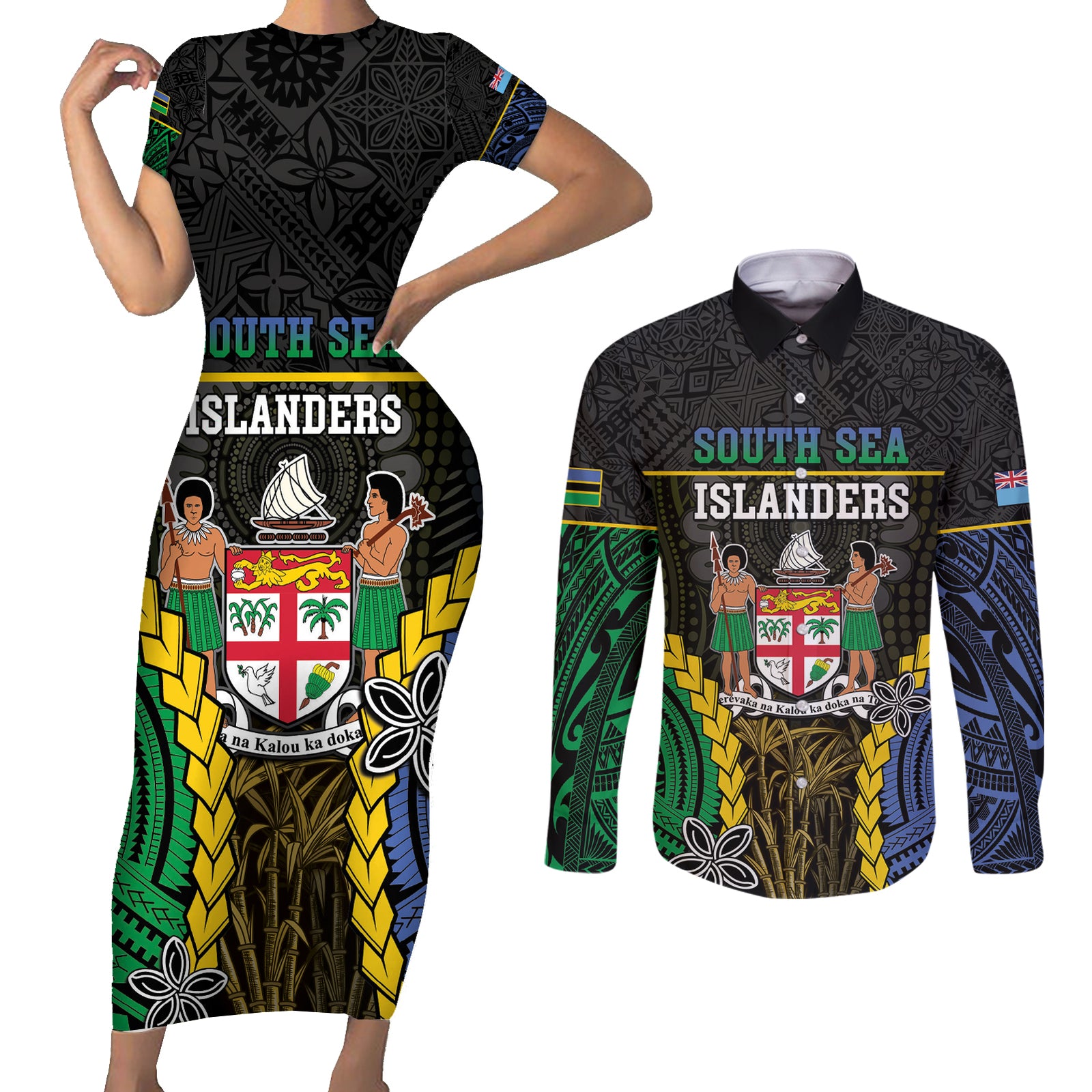 Personalised South Sea Islanders And Fiji Couples Matching Short Sleeve Bodycon Dress and Long Sleeve Button Shirt Kanakas Fijian Tapa Pattern