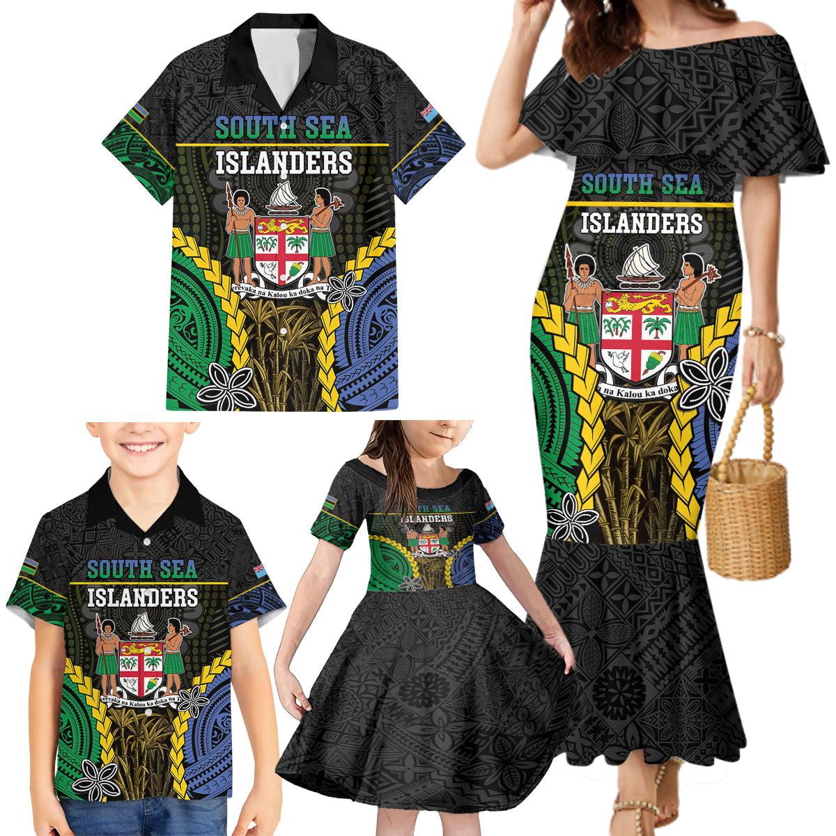 Personalised South Sea Islanders And Fiji Family Matching Mermaid Dress and Hawaiian Shirt Kanakas Fijian Tapa Pattern