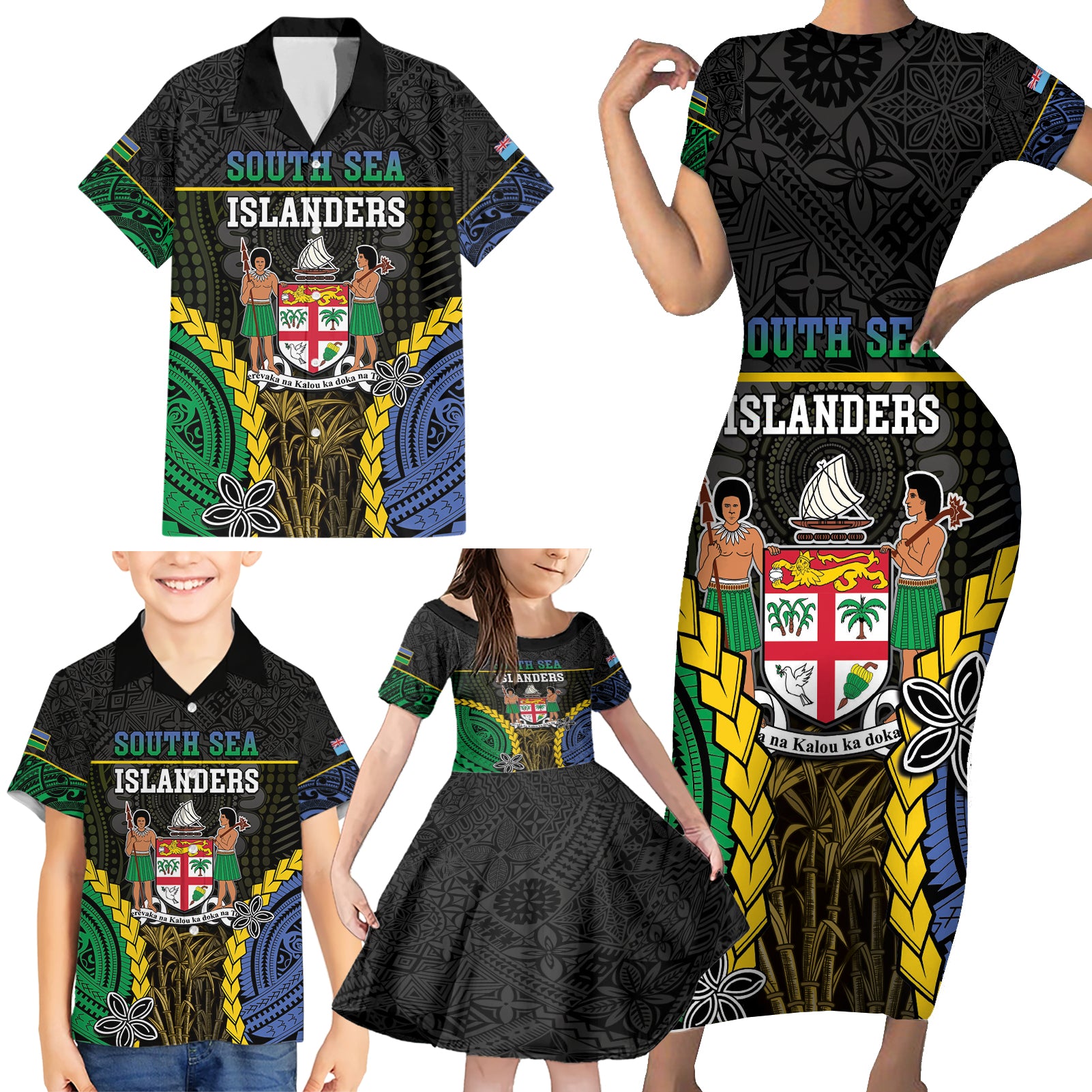 Personalised South Sea Islanders And Fiji Family Matching Short Sleeve Bodycon Dress and Hawaiian Shirt Kanakas Fijian Tapa Pattern