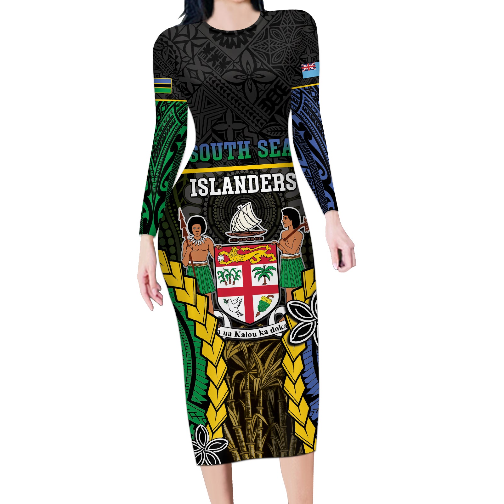 Personalised South Sea Islanders And Fiji Long Sleeve Bodycon Dress Kanakas Fijian Tapa Pattern