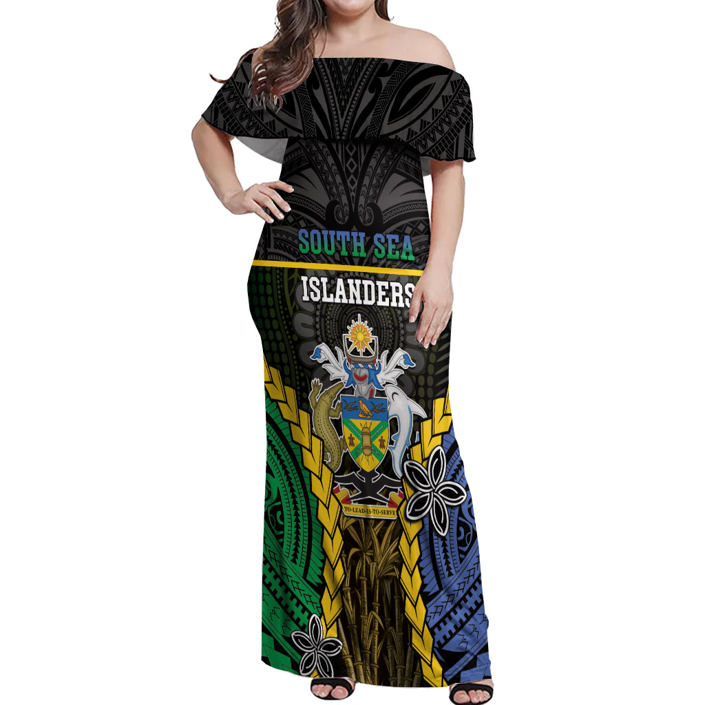Personalised South Sea Islanders And Solomon Islands Off Shoulder Maxi Dress Kanakas Polynesian Pattern LT05 Women Black - Polynesian Pride