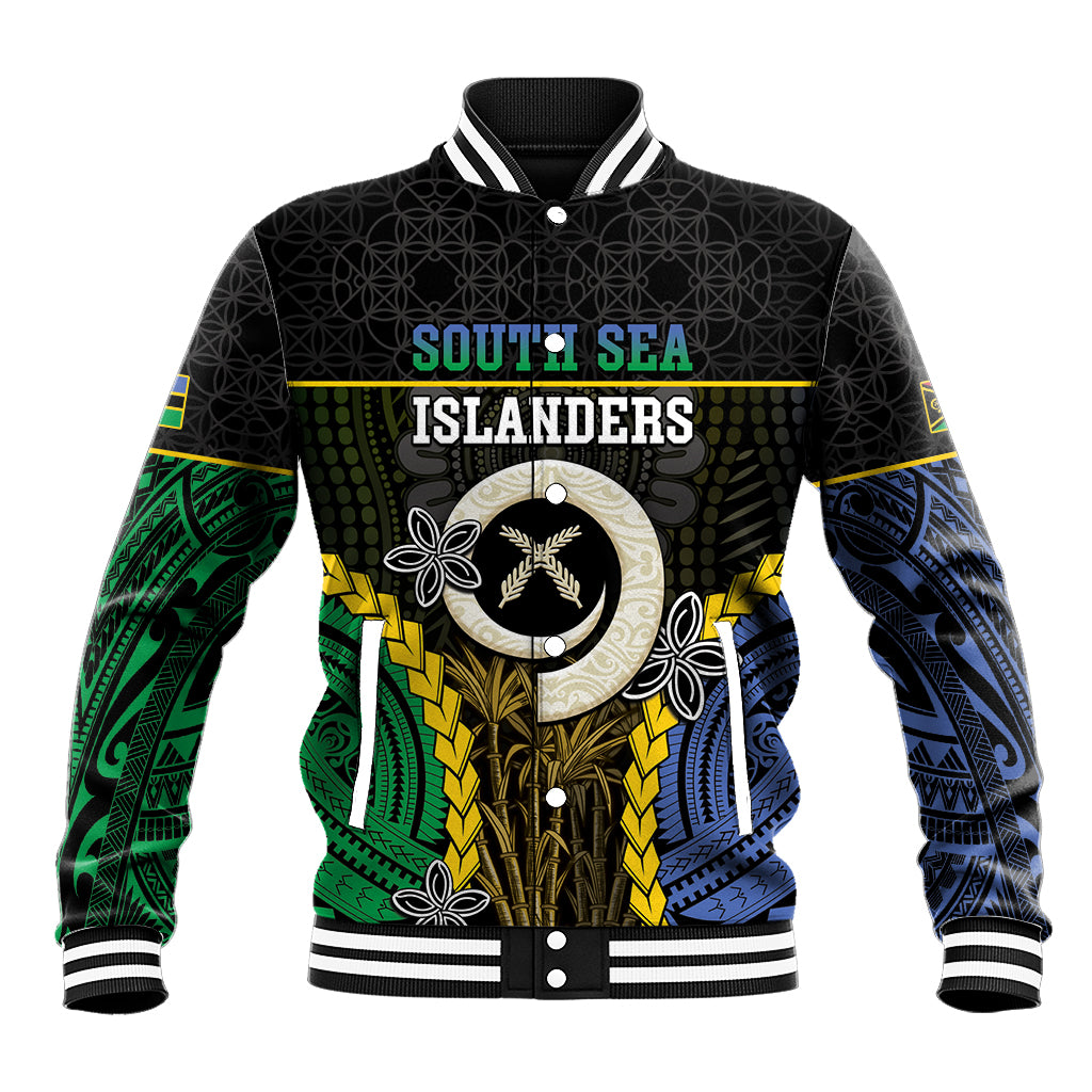 Personalised South Sea Islanders And Vanuatu Baseball Jacket Kanakas Sand Drawing Pattern LT05 Unisex Black - Polynesian Pride