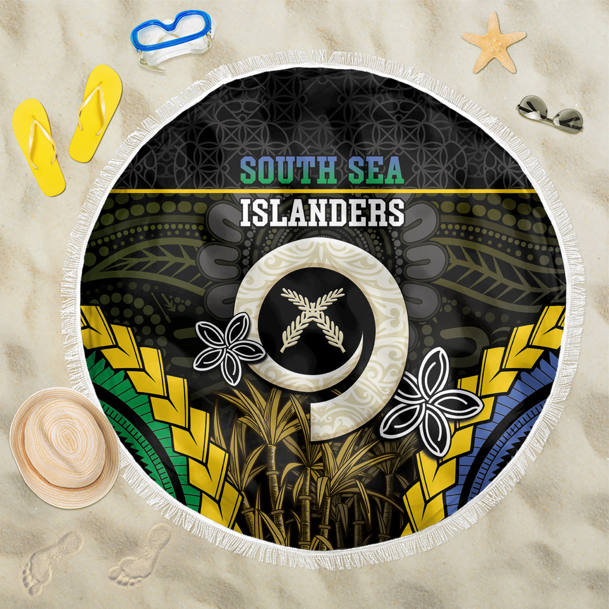 South Sea Islanders And Vanuatu Beach Blanket Kanakas Sand Drawing Pattern LT05 One Size 150cm Black - Polynesian Pride