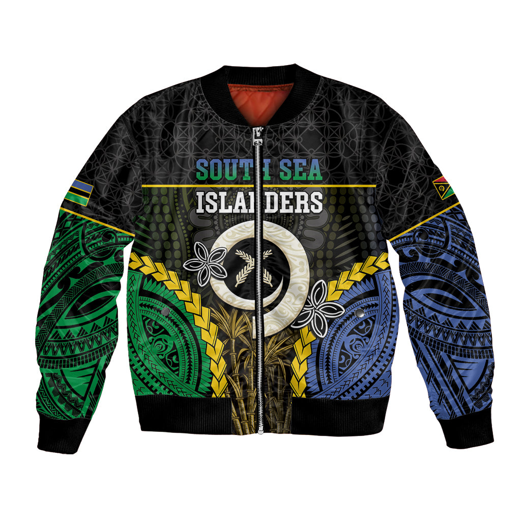 Personalised South Sea Islanders And Vanuatu Bomber Jacket Kanakas Sand Drawing Pattern LT05 Unisex Black - Polynesian Pride