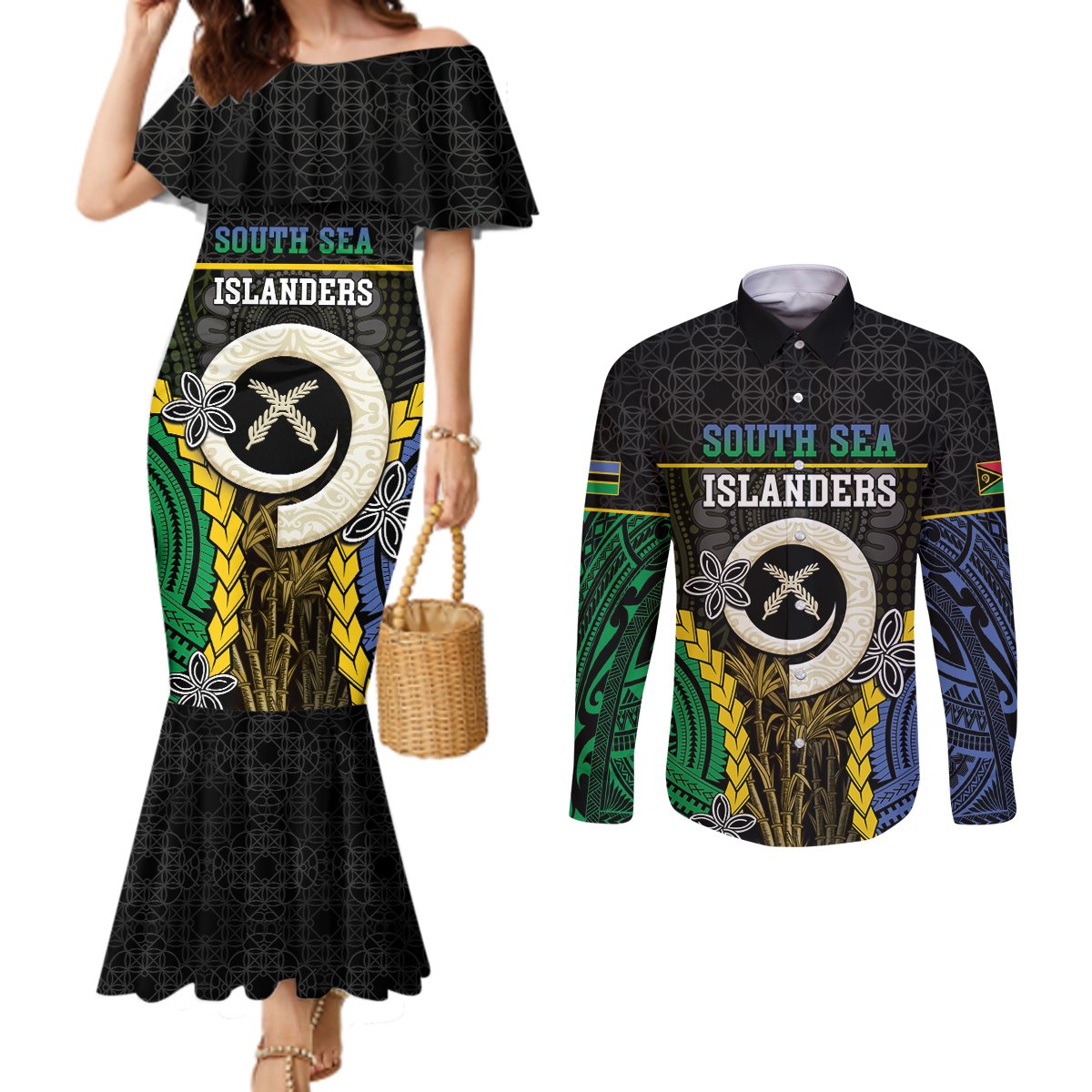 Personalised South Sea Islanders And Vanuatu Couples Matching Mermaid Dress and Long Sleeve Button Shirt Kanakas Sand Drawing Pattern LT05 Black - Polynesian Pride