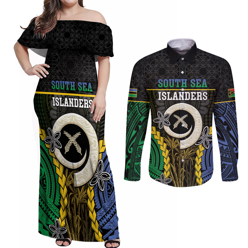 Personalised South Sea Islanders And Vanuatu Couples Matching Off Shoulder Maxi Dress and Long Sleeve Button Shirt Kanakas Sand Drawing Pattern LT05 Black - Polynesian Pride