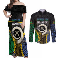 Personalised South Sea Islanders And Vanuatu Couples Matching Off Shoulder Maxi Dress and Long Sleeve Button Shirt Kanakas Sand Drawing Pattern LT05 Black - Polynesian Pride