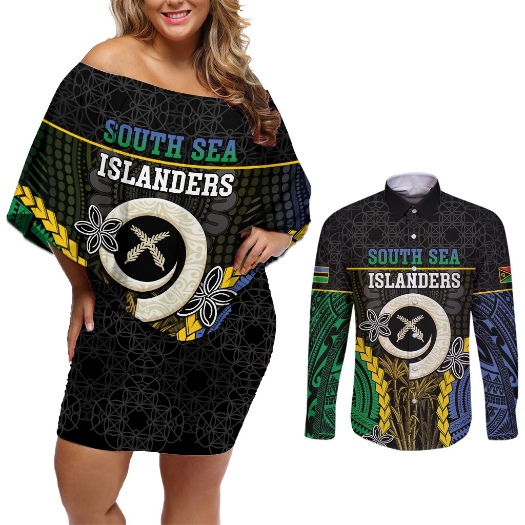 Personalised South Sea Islanders And Vanuatu Couples Matching Off Shoulder Short Dress and Long Sleeve Button Shirt Kanakas Sand Drawing Pattern LT05 Black - Polynesian Pride