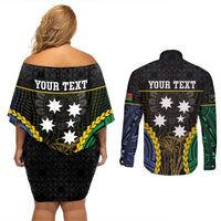 Personalised South Sea Islanders And Vanuatu Couples Matching Off Shoulder Short Dress and Long Sleeve Button Shirt Kanakas Sand Drawing Pattern