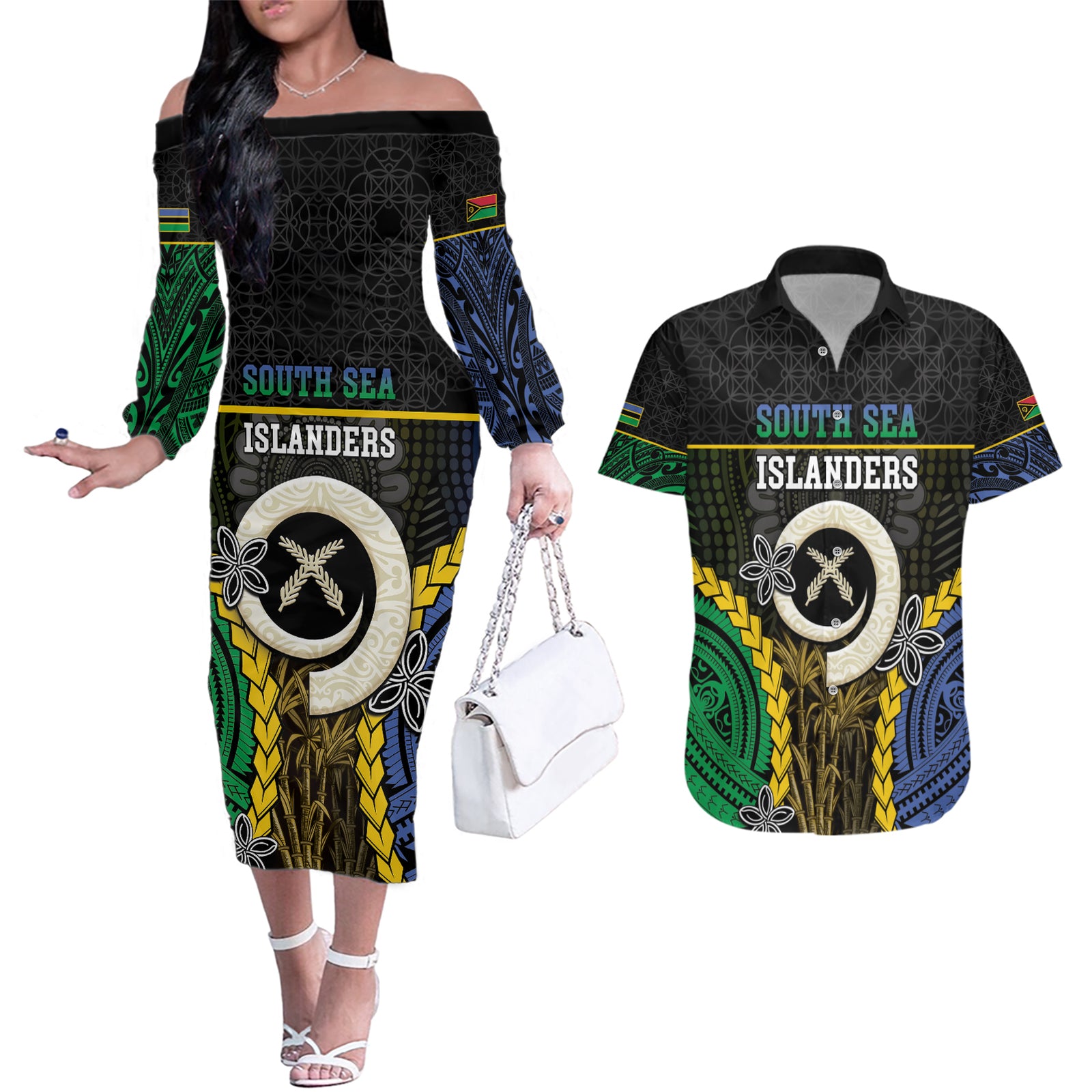 Personalised South Sea Islanders And Vanuatu Couples Matching Off The Shoulder Long Sleeve Dress and Hawaiian Shirt Kanakas Sand Drawing Pattern LT05 Black - Polynesian Pride