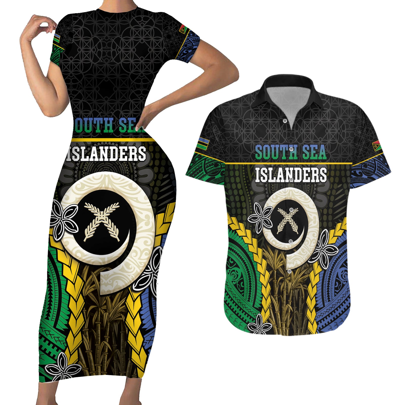 Personalised South Sea Islanders And Vanuatu Couples Matching Short Sleeve Bodycon Dress and Hawaiian Shirt Kanakas Sand Drawing Pattern LT05 Black - Polynesian Pride