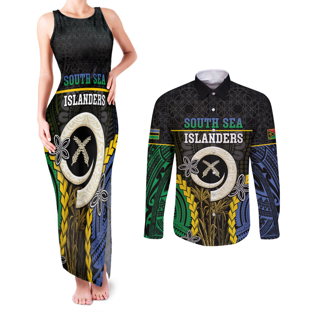 Personalised South Sea Islanders And Vanuatu Couples Matching Tank Maxi Dress and Long Sleeve Button Shirt Kanakas Sand Drawing Pattern LT05 Black - Polynesian Pride
