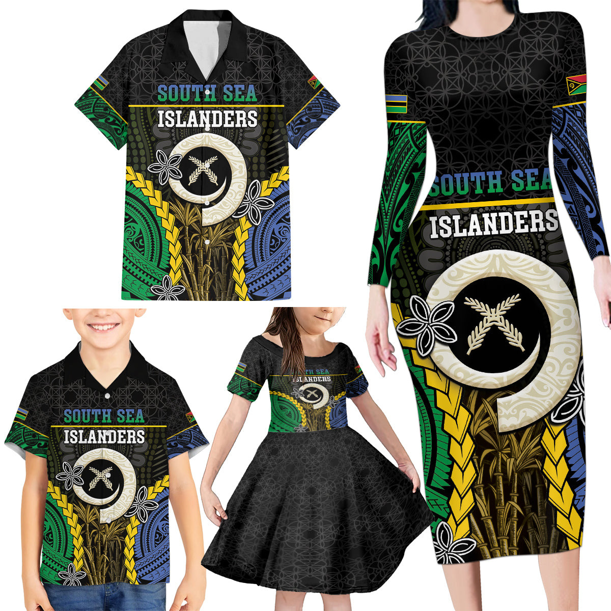 Personalised South Sea Islanders And Vanuatu Family Matching Long Sleeve Bodycon Dress and Hawaiian Shirt Kanakas Sand Drawing Pattern